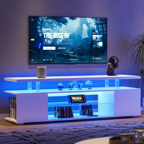 Meuble TV 128 cm, avec éclairage LED et cloisons vitrées, avec grandes armoires latérales, grand espace de rangement, adapté au salon, adapté pour TV 65", Blanc (1/5)