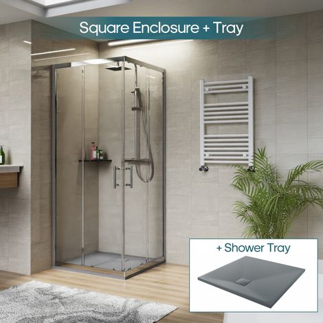 NRG Square Corner Entry Shower Enclosure with Sliding Doors Bathroom Cubicle 800 x 800mm & Anthracite Shower Tray (1/5)