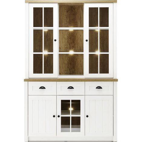 Buffet-Vitrinenschrank im Landhausstil PISA-61 in Pinie weiß mit Eiche hell, inkl. LED-Beleuchtung, B/H/T: 130/198/43cm (1/5)