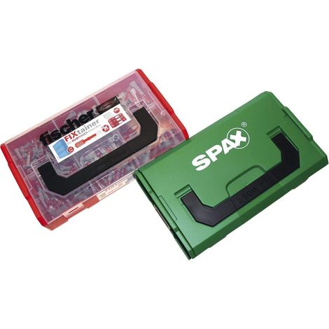 Set comprenant un assortiment de chevilles multi-usages Fischer et un assortiment de vis Spax livres dans des mallettes de rangement (913 pieces) Rouge/vert