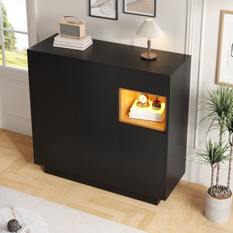 Scarpiera in truciolare nero e naturale 105 x 39,5 x 100,5 cm con cassetto, ripiani regolabili e LED 16 colori