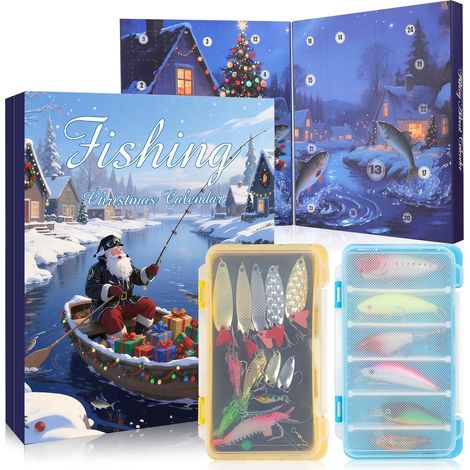 Calendrier de l'Avent de Noël avec leurres de pêche, kit de pêche 24 pièces et boîte à appâts, cadeau de Noël surprise