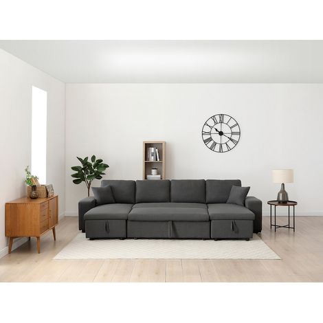 Canapé d'angle panoramique convertible avec rangements et poufs en tissu gris anthracite SELIM (1/4)