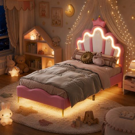 Lit Enfant Rembourré 90x200 cm, Lit Fille Princesse avec LED, Lit Simple avec Tête de lit Réglable et Sommier à Lattes, Lits 1 Personne pour Enfants & Adultes, PU, sans Matelas, Rose (1/5)