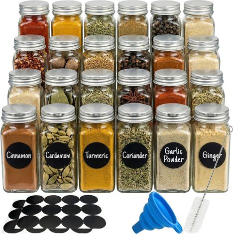 Lot de 24 Pots à Épices Carrés en Verre (120ml) avec Saupoudreur 2-en-1 - Bocaux à Épices Vides et Hermétiques - Kit Complet avec Étiquettes, Entonnoir