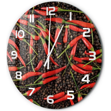 Horloge Murale Ronde Décoration Cuisine en Verre Trempé Silencieuse Moderne Piments fi 60 cm (1/5)