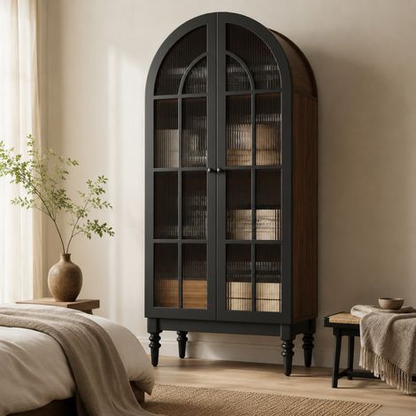 Vitrine haute 76x38,5x165 cm en MDF noir, portes vitrées et rangement cuisine - CHICFURN (1/5)