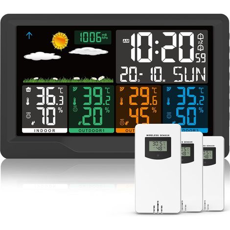Stazione meteorologica wireless per interni/esterni con 3 sensori, schermo a colori, barometro, previsioni del tempo, termometro/igrometro, visualizzazione di temperatura e umidità, sveglia. (1/5)