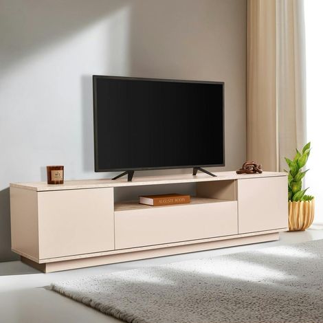 Meuble TV moderne 3 portes nude et effet travertin MARFA