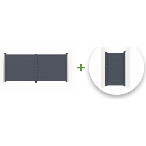 Pack portail battant EIGER 300x180cm + Portillon EIGER 100x180cm Gris (1/5)