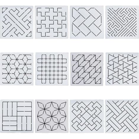 12 Pochoirs, Motifs géométriques Sashiko, Plastique durable, 14x14cm, Loisirs créatifs
