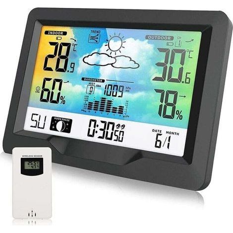Station météo sans fil, station météo radio avec capteur extérieur, station météo radio multifonctionnelle avec humidificateur, baromètre, hygromètre et prévisions météo. (1/4)