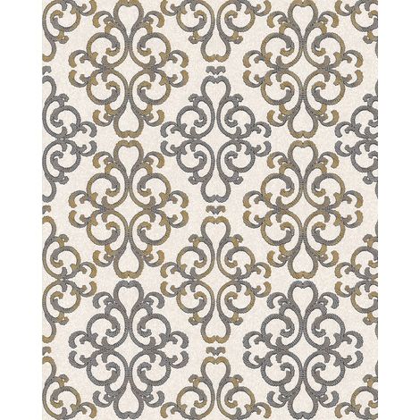 Carta da parati barocca EDEM 85037BR33 Carta da parati strutturata in stile barocco lucida crema avorio-chiaro grigio-platino giallo-oro 5,33 m2