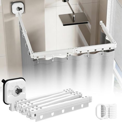 Tringle à rideau de douche sans perçage avec rideau de douche et anneaux, pliable à 360°, en aluminium, pour douche en forme de L et d'angle, pliable et peu encombrante (blanc, 5 compartiments) (1/5)