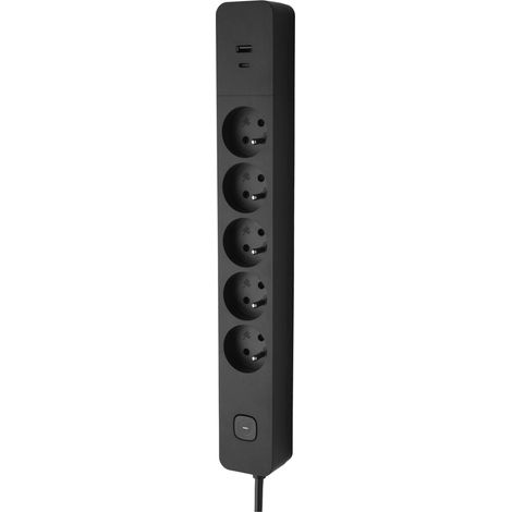Multiprise avec Interrupteur 5 Prises 2P+T 16A + 1 USB-A + 1 USB-C 3,4A Idéale Branchements Multiples Cordon 1,5 Mètre Noir (1/5)