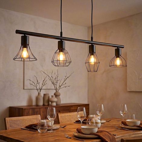 Lampada a sospensione sala da pranzo lampada da tavolo soggiorno lampada a sospensione industriale metallo nero 4 fiamme, 4x E14, LxPxH 75x13x150 cm (1/5)