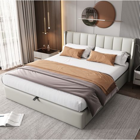 DESVIAE Lit rembourré avec rangement 160 x 200 cm LED USB tête de lit réglable gris (1/5)