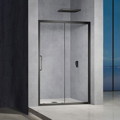 GRAND VERRE Porte de douche ouverture coulissante en verre securit 6mm transparent et cadre noir mat 100x185 (1/5)