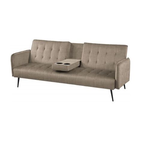 Divano Letto 3 Posti 196/180 x 81 x 78 cm Beige con Bracciolo Centrale Reclinabile Portabicchieri Modern
