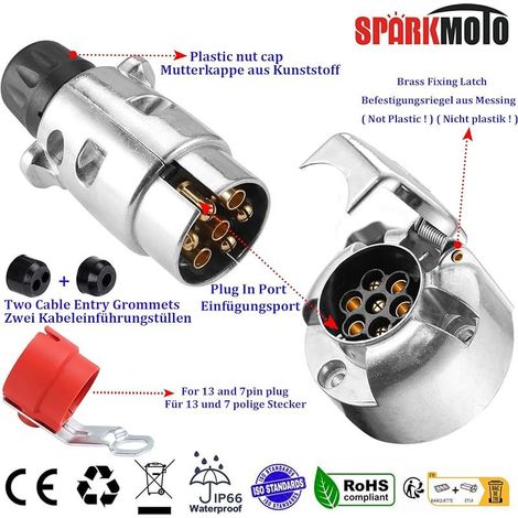 Fiche pour remorque 7 Broches et Prise de remorque 7 Broches en métal,12V Connecteur de remorque 7 Broches Male Femelle,Prise Attelage 7Broches Étanche,avec Support de fiche Rouge(SKM0702C) (1/4)