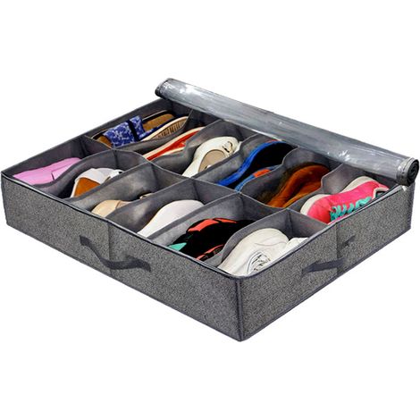 Boîte de rangement sous-lit 12 compartiments transparent avec portée en tissu PVC imperméable pour chaussures, sous-vêtements et petits objets (1/5)