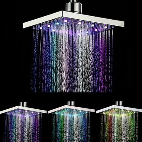 Tigrezy Pommeau de douche LED carré 7 couleurs changeant le débit d'eau alimenté par 8 pouces ABS Chrome 12 pièces LED pour salle de bain