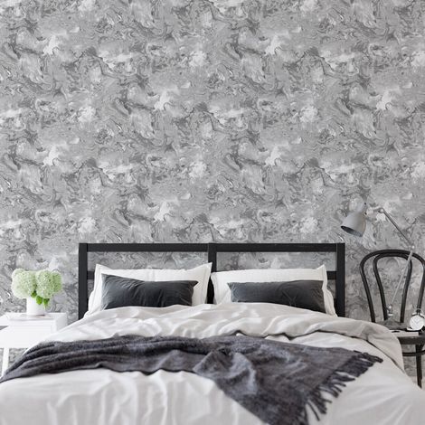 Marble Elixir Metallic Ripple Liquid Swirl Effect Grey Silver Shimmer Wallpaper[FULL ROLL - Grey Silver Marble Effect WD0040]