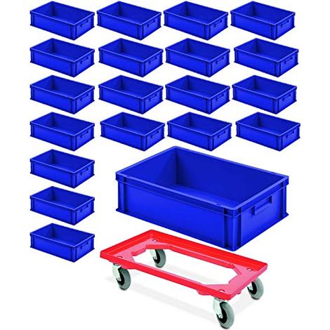 BRB 20x Eurobehälter mit 2 Griffleisten, 600x400x175 mm, blau PLUS Transportroller mit Flüsterrollen…