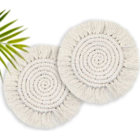 Dessous de verre absorbants, dessous de verre en bois style bohème, jolis dessous de verre en dentelle, cadeau idéal pour une pendaison de crémaillère, lot de 2 ronds, beige (1/5)