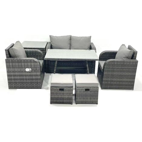 Fimous Ensemble de meubles de jardin en polyrotin Rattan Canapé avec Table à manger Chaise inclinable Table d'appoint 2 Petits tabourets Gris foncé mixte (1/5)