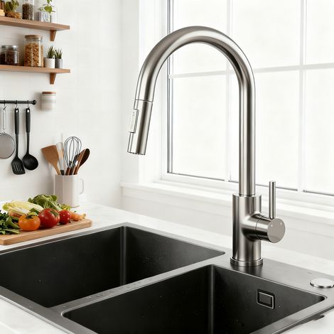 AICA Küchenarmatur mit 2 Wasserauslassmodi ausziehbarer Brause 360° drehbar Kalt Warmwasser einstellbar Edelstahl Armatur Gebürstet (1/5)