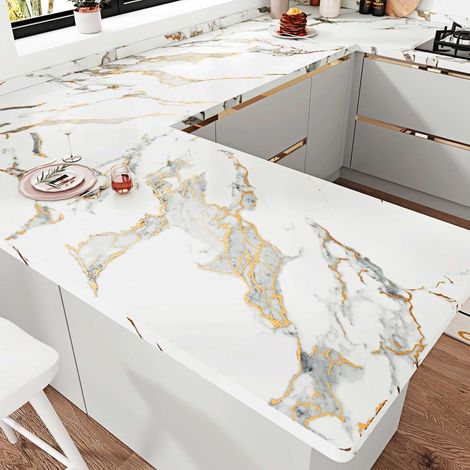 Papier Peint Autocollant Mural Vinyle Adhesif Marbre Blanc et Or Revêtement Plan De Travail Adhésif Cuisine Rouleau Adhesif Decoratif Pour Meuble Papier Peint Cuisine Lavable 60 x 300cm (1/5)