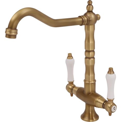 Wasserhahn, Wasserhahn Küche Chrom, Gold Retro, Messing Küchenarmaturen Zweigriffmischer Spültischarmatur 360° Schwenkbar, Küchenarmatur Für Küchenspüle 26 x 16.5 x 27.5cm (1/5)