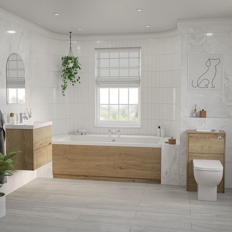 Barton 1700mm x 700mm Slim Edge Straight Double Ended Bathroom Suite including Autumn Oak Furniture Set with Slim Edge Basin (1/5)