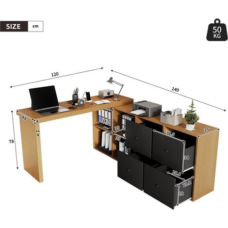 Bureau d'angle pivotant en MDF avec 4 tiroirs et 4 compartiments, adaptable en L ou droit, dimensions 82 x 42 x 25 cm, HOMAIRE (1/5)
