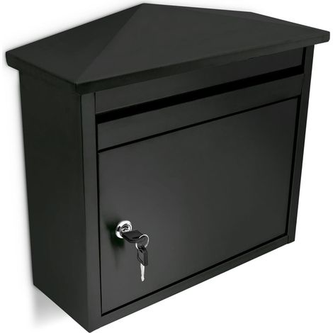 Boîte aux lettres murale moderne 41 x 37 x 16 cm étanche avec toit anti-pluie style épuré en fer noir (1/5)