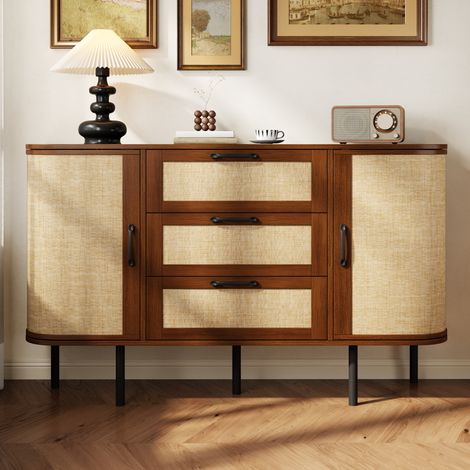 Buffet 120x40x82 cm con 2 ante, 3 cassetti, ripiani regolabili e angoli arrotondati, MDF noce, gambe metallo nero (1/5)