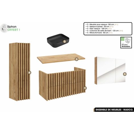 Ensemble complet de salle de bain - Meuble - Colonne - Miroir - Vasque à poser avec Siphon OFFERT MARCO Oak 100 x 56 x 45 cm (1/5)