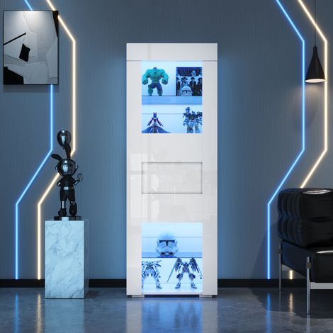 Armoire haute 60 x 40 x 170 cm porte acrylique haute brillance éclairage LED 2 étagères verre, rangement salon déco blanc (1/5)