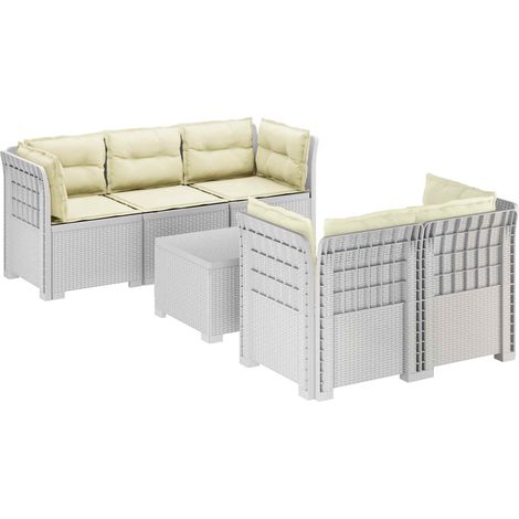 Canapé de Jardin Modulaire 5 Places Aspect Rotin PP Blanc avec Table et Coussins - PANGIVO (1/5)