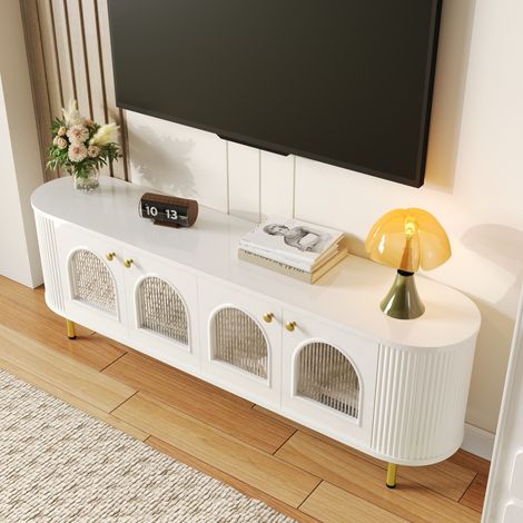 DESMIU Meuble TV 4 portes avec passe-câbles et niches de rangement pour salon, en MDF, blanc et or, 170 × 35 × 55 cm (1/5)