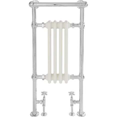 Milano Elizabeth 930mm x 452mm Heated Towel Rail Radiator with Cast Iron Style Insert and Overhanging Rail - Chrome and White (1/5)