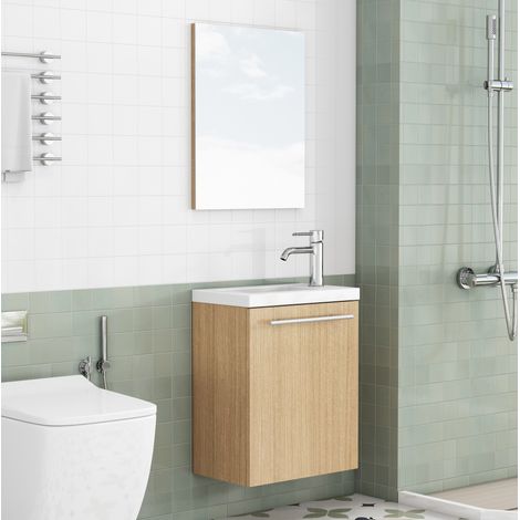 Mueble de lavabo suspendido 40x25x48 cm en MDF roble con lavabo cerámico - MEUBLIV (1/5)