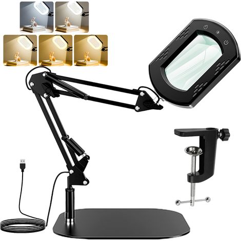 10X Lampe Loupe de Bureau avec Lumière et Support 28cm, 5 Modes Couleur Gradation Continue, 2-en-1 Loupe Couture avec Pince, Loupe Grossissante avec Lumiere pour Lecture Loisirs Travail Près (1/5)