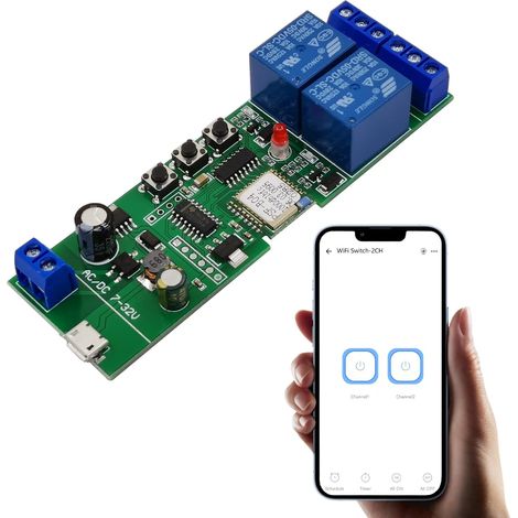 Module de relais de commutateur intelligent sans fil WiFi 2 canaux pour télécommande APP Smart Home, momentané, commutateur autobloquant (1/5)