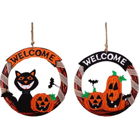 Halloween-Willkommensschild, Hängender Kranz mit Kürbissen und Fledermäusen, 2er-Set 17 cm große dekorative Holzschilder für Halloween (1/5)