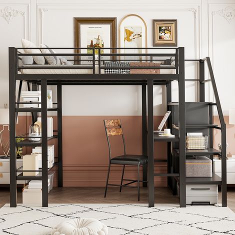 Cama alta 140 x 200 cm - con estantería de 3 niveles, escritorio, armario, peldaños con espacio de almacenamiento - de metal - negro