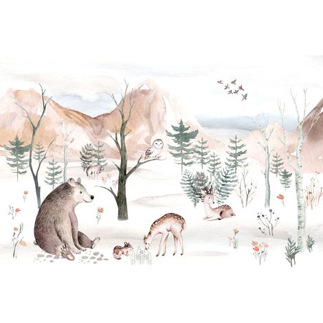 Fotomural infantil con diseño de bosque, osito de peluche, ciervo, búho, montañas y claro del bosque (M004, 300x200) (1/5)