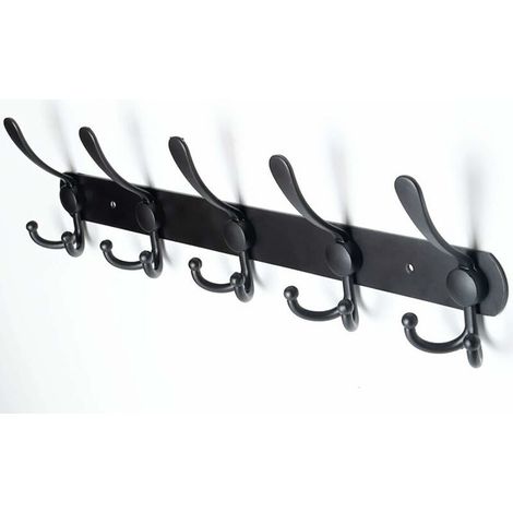 Porte-Manteau Mural - Acier Inoxydable - 5 Crochets - Pour Entrée Salle De Bain Chambre - Noir - 41 X 13 X 5 Cm (1/5)