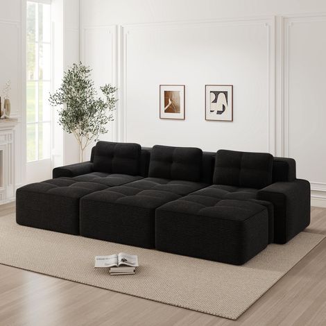 Canapé sans structure, tissu velours côtelé doux, canapé d'angle modulable convertible avec 3 poufs, canapé 3 places, canapé confortable pour le salon, noir (1/5)